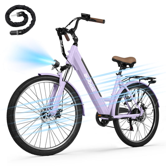 Actbest Core-Swept Step Thru Electric Bike for Adults, 26" Electric Bicycle with Peak 749W Brushless Motor, 36V/13Ah Built-in Battery, 7 Speed Front Shock Ebike (Blue) with Lock