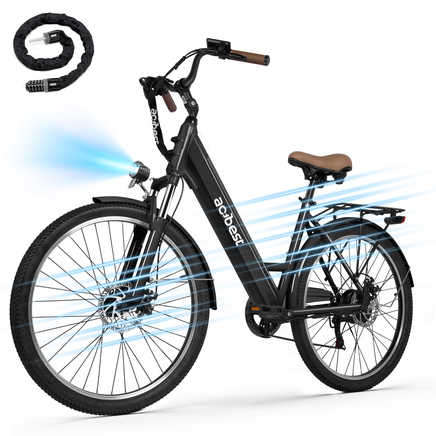 Actbest Core-Swept Step Thru Electric Bike for Adults, 26" Electric Bicycle with Peak 749W Brushless Motor, 36V/13Ah Built-in Battery, 7 Speed Front Shock Ebike (Blue) with Lock