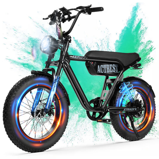 Actbest Electric Bike for Adults, 20" Fat Tire Off-Road Bike, Peak 1500W Motor Full Suspension Mountain Electric Dirt Bike, Top 28 MPH All-Terrain Electric Motorcycle Black & Blue with Lock & Basket