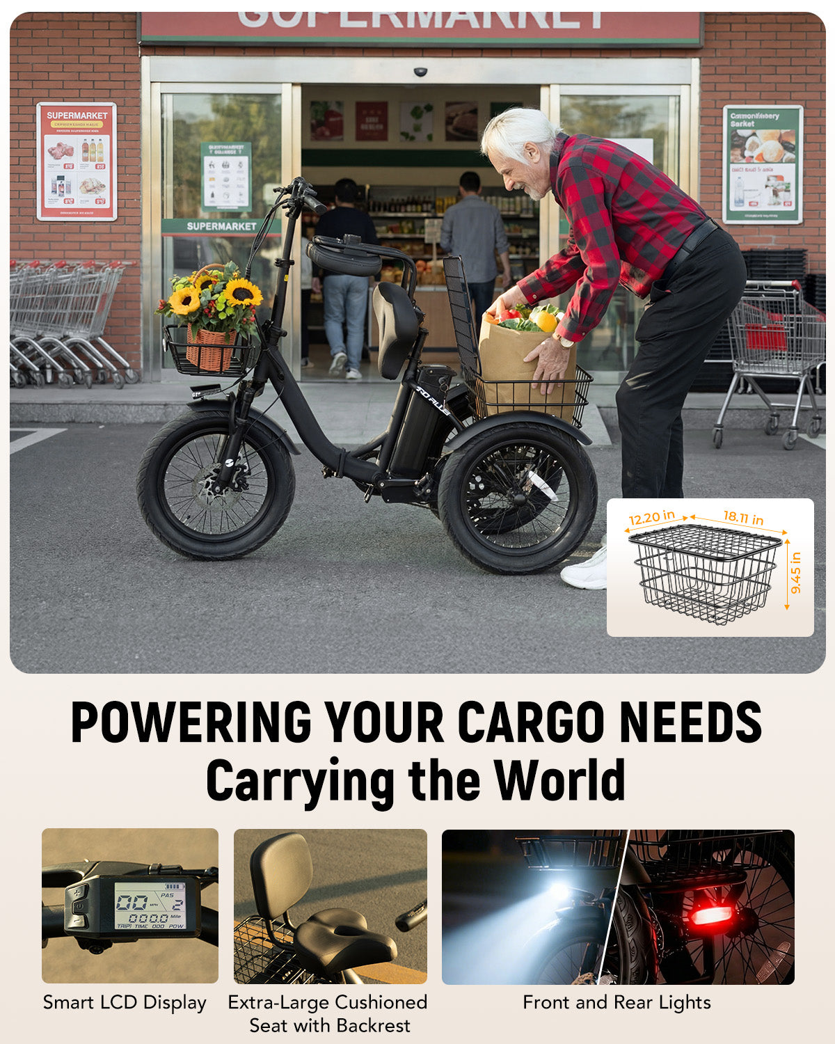 AA HP57 ActBest Folding 3‑Wheel Electric Tricycle for Adults/Seniors, 18"x3.0" Fat Tire E‑Trike, 750W(Peak1200W),48V 10.4Ah Battery, Ideal for Grocery Shopping, Walking Dogs, Carrying Cargo