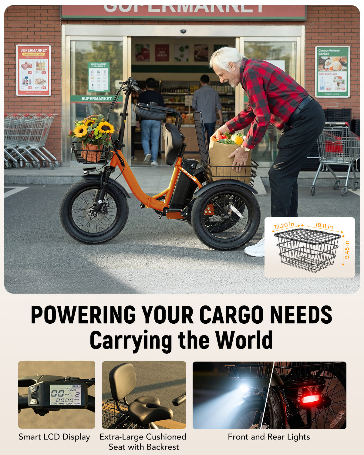 HP57 Hopepeak T10 Plus Electric Tricycle for Adults, Folding 3 Wheels Electric Bike with 350W Hub Motor, 18MPH Max Speed 48V 10.4Ah Removable Battery Foldable Etrike