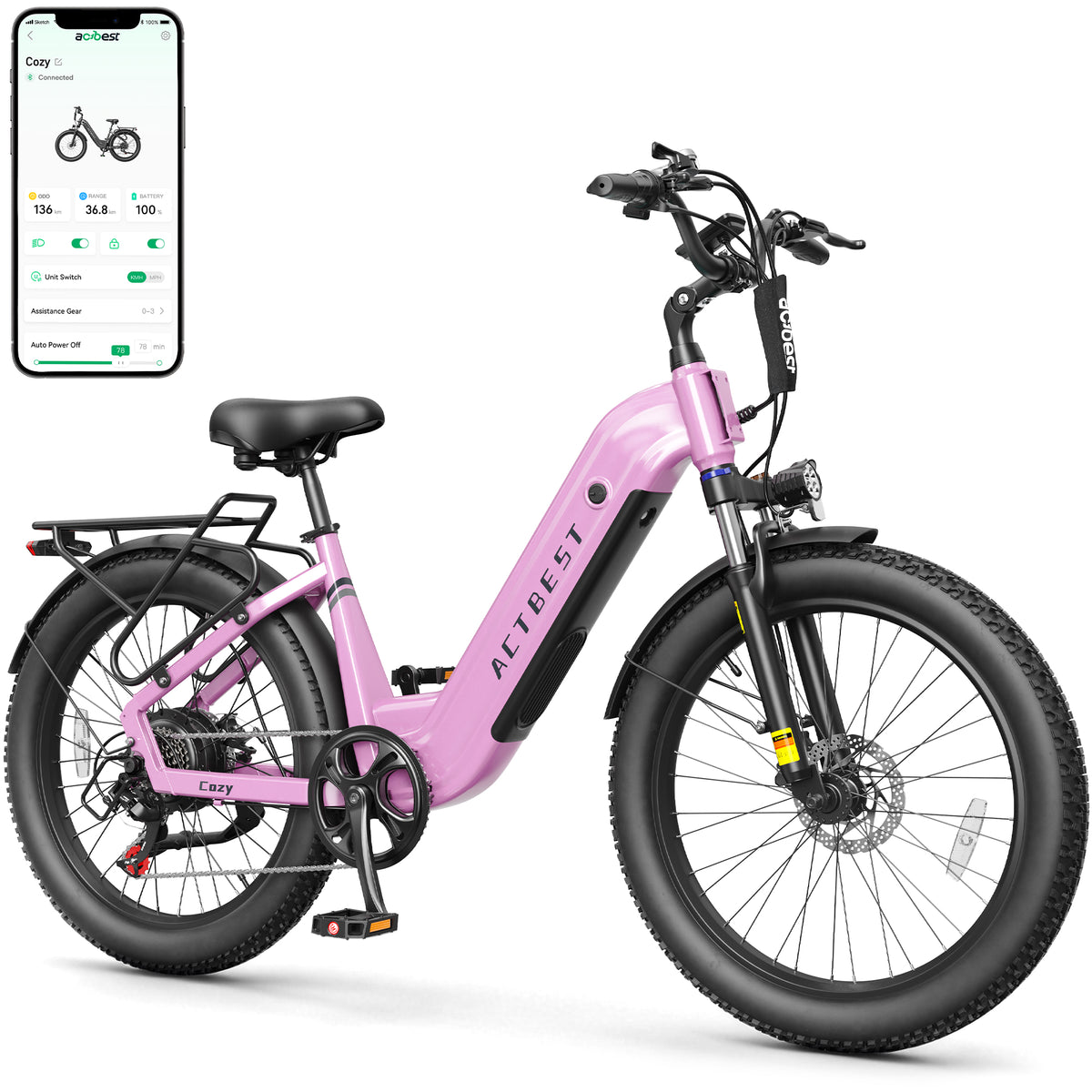 AA AT21 Actbest Cozy Electric Bike for Adults, 750W Motor 48V 15.6AH Removable Battery,7 Speed,Front Suspension, Wide Saddle, 24"x3.0" Fat Tire E-Mountain Bicycle, APP Control