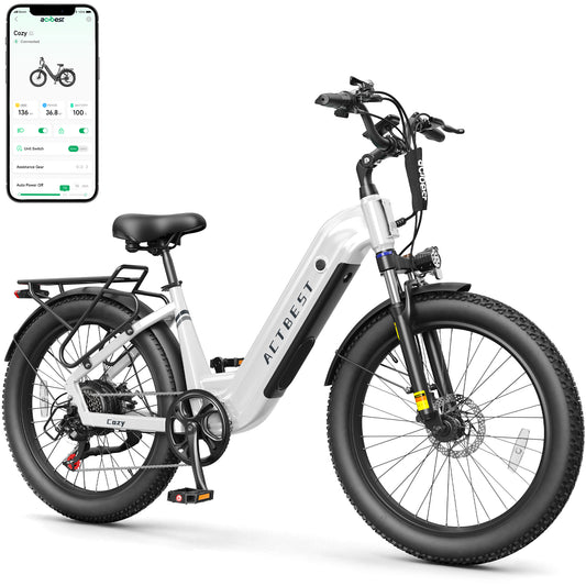 Actbest Cozy Electric Bike for Adults, 750W Motor 48V 15.6AH Removable Battery,7 Speed,Front Suspension, Wide Saddle, 24"x3.0" Fat Tire E-Mountain Bicycle, APP Control