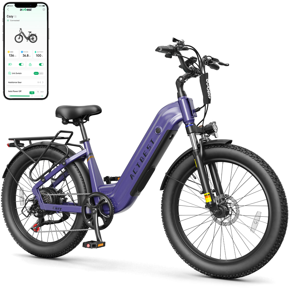 AA AT21 Actbest Cozy Electric Bike for Adults, 750W Motor 48V 15.6AH Removable Battery,7 Speed,Front Suspension, Wide Saddle, 24"x3.0" Fat Tire E-Mountain Bicycle, APP Control