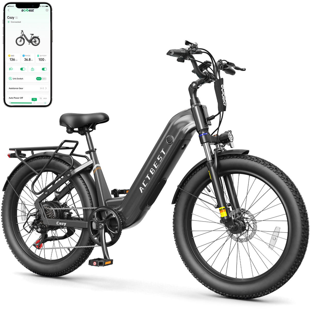 AA AT21 Actbest Cozy Electric Bike for Adults, 750W Motor 48V 15.6AH Removable Battery,7 Speed,Front Suspension, Wide Saddle, 24"x3.0" Fat Tire E-Mountain Bicycle, APP Control