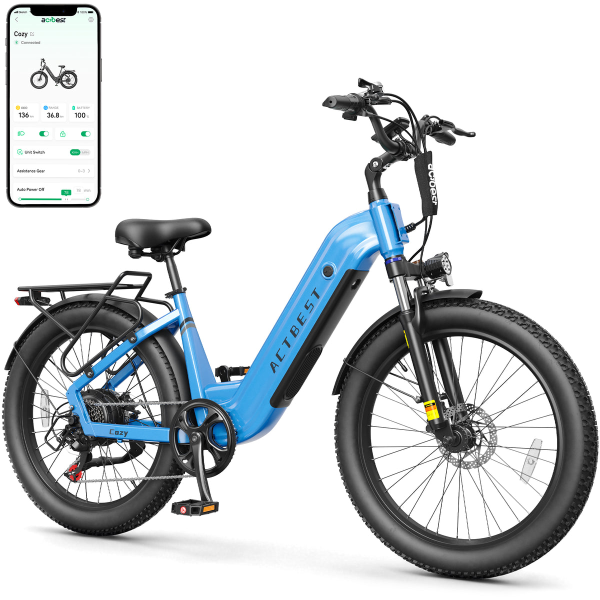 AA AT21 Actbest Cozy Electric Bike for Adults, 750W Motor 48V 15.6AH Removable Battery,7 Speed,Front Suspension, Wide Saddle, 24"x3.0" Fat Tire E-Mountain Bicycle, APP Control