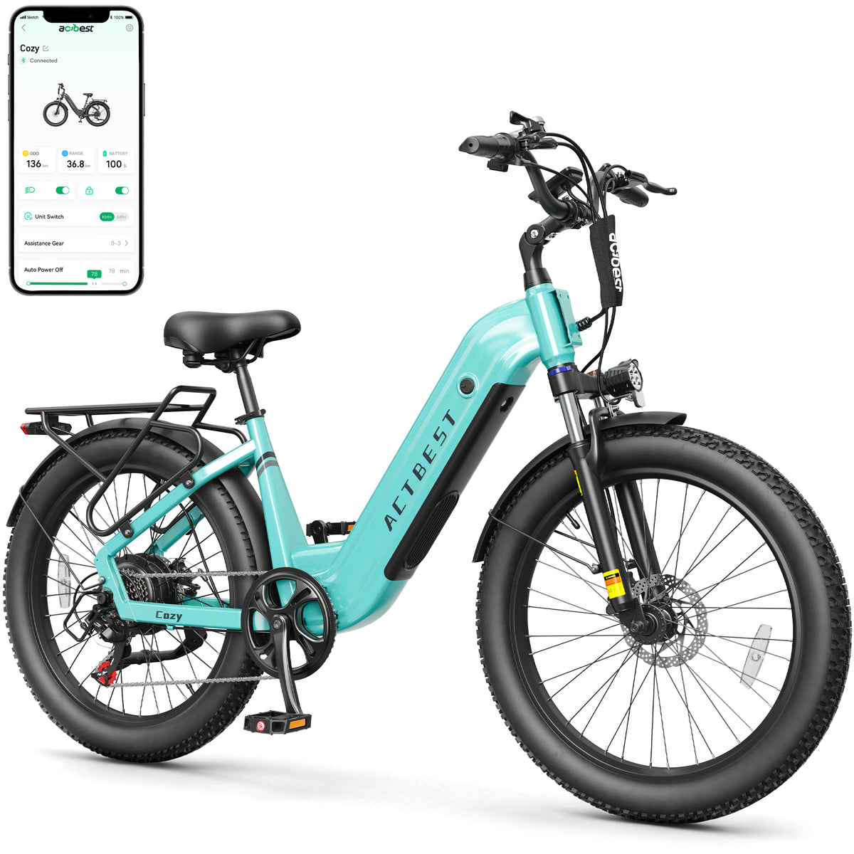 AA AT21 Actbest Cozy Electric Bike for Adults, 750W Motor 48V 15.6AH Removable Battery,7 Speed,Front Suspension, Wide Saddle, 24"x3.0" Fat Tire E-Mountain Bicycle, APP Control