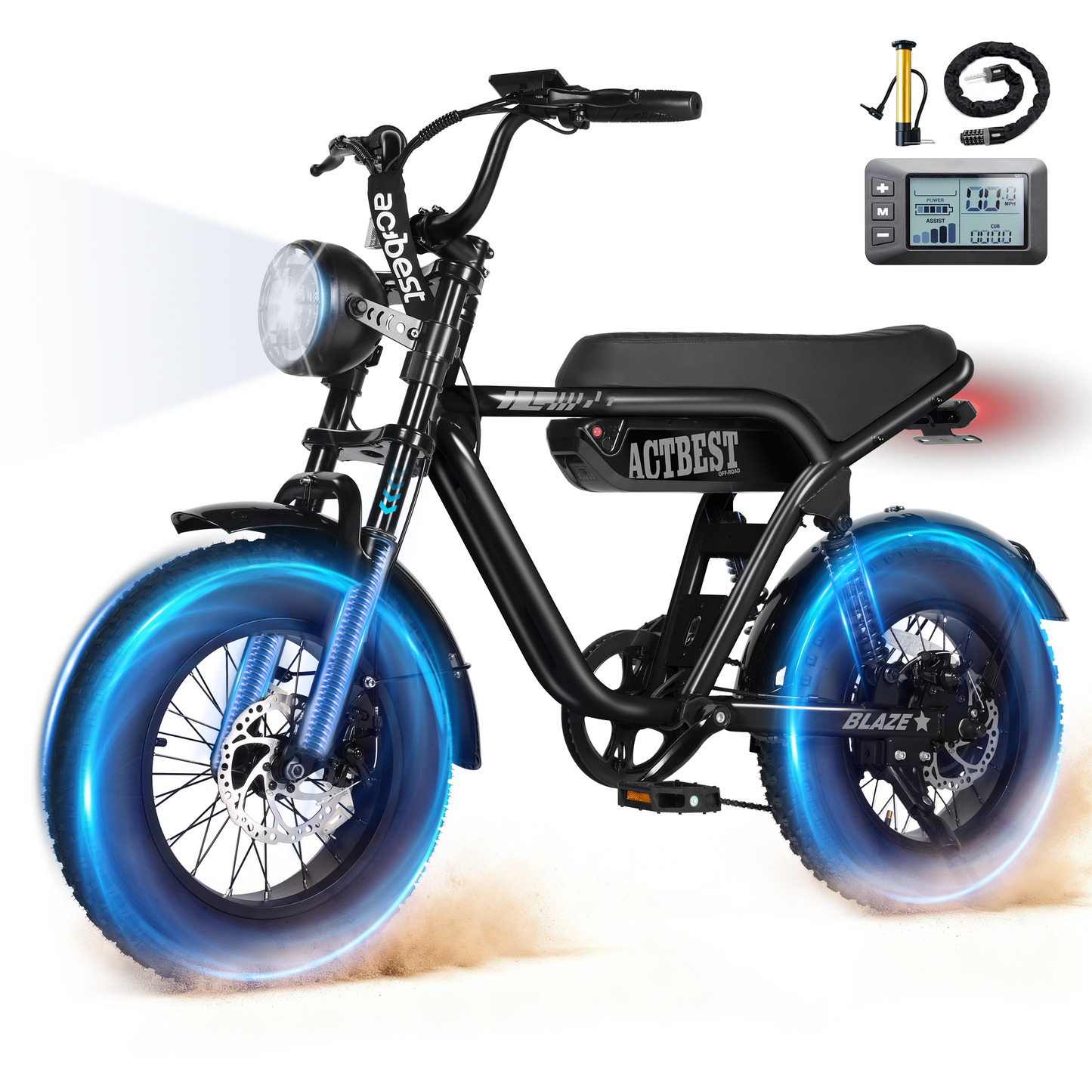 Actbest Blaze Electric Bike for Adults/Teens, 16" Fat Tire Ebike Peak 1200W 55 Miles 25Mph Full Suspension Electric Motorcycle, Black & Gray