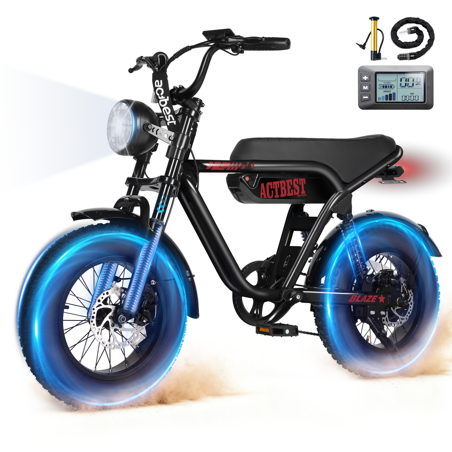 Actbest Blaze Electric Bike for Adults/Teens, 16" Fat Tire Ebike Peak 1200W 55 Miles 25Mph Full Suspension Electric Motorcycle, Black & Gray