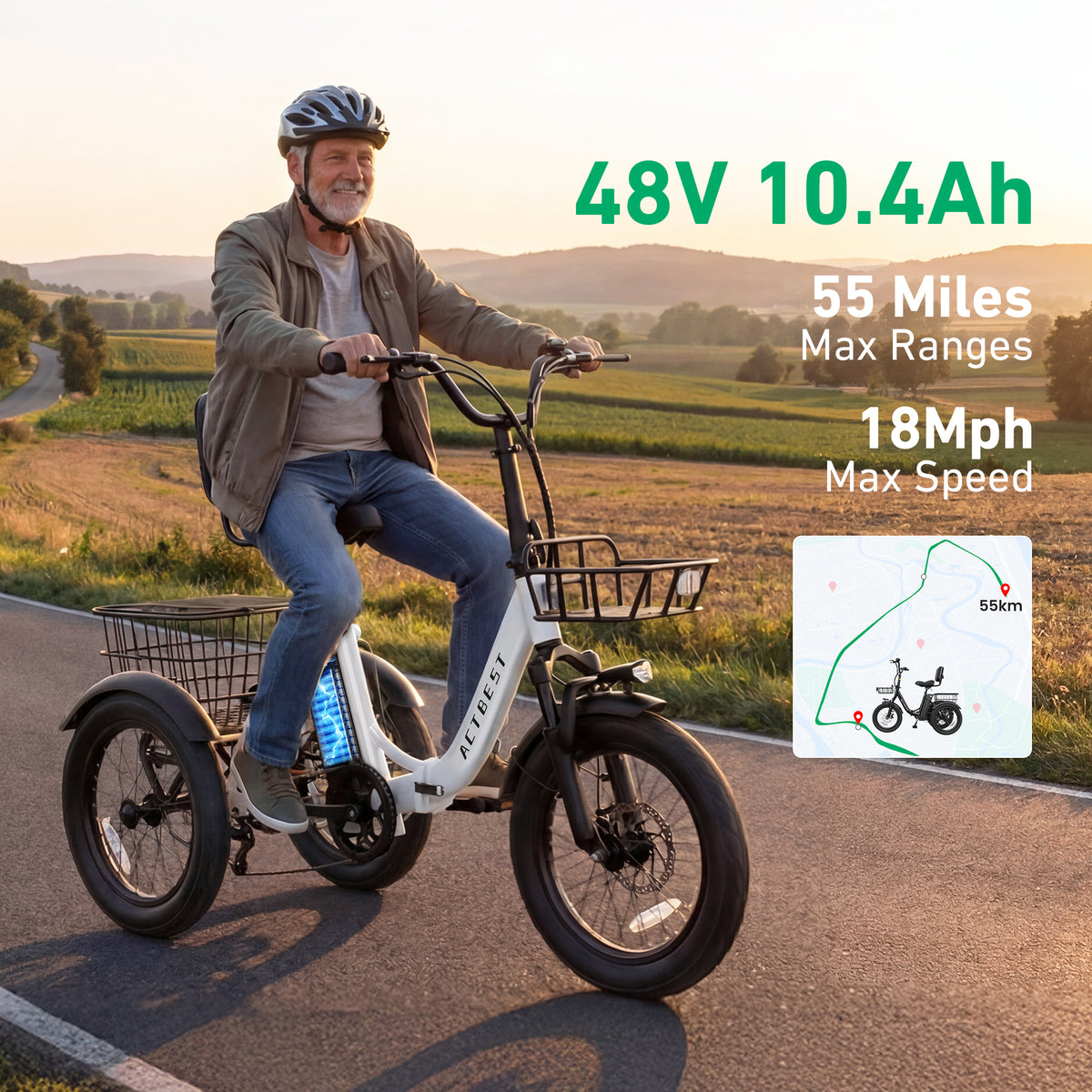 AA AT57 ACTBEST Electric Tricycle for Adults, 18"x3.0" Fat Tire 3-Wheel Electric Bike, 500W Motor 48V 10.4Ah Battery, Folding E-Trike Up to 18Mph