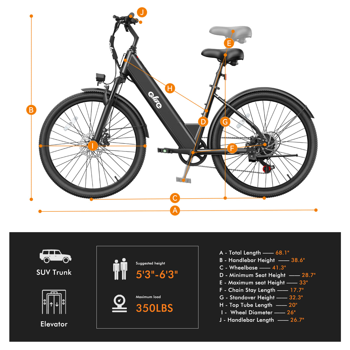 EB16Plus Qlife Cityone ST 26" Electric Bike for Adults,500W Hub Motor,Max 25 MPH Ebikes,48V 7.8Ah Removable Battery,7-Speed,Front Suspension,Mechanical Disc Brakes