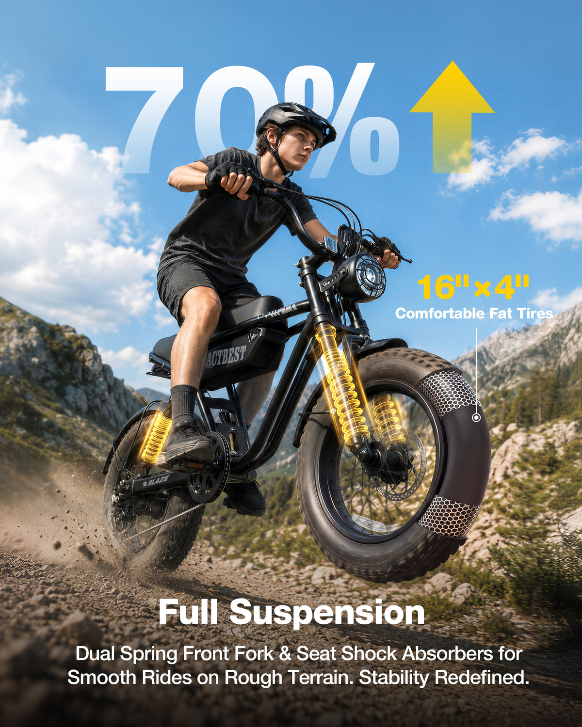 AA NEW AT56 ACTBEST Blaze Electric Bike, 16"x4.0" Fat Tire Ebikes for Adults, 750W Peak 25 MPH Electric Mountain Bike, 48V 10.4 AH Battery, 7-Speed E-Bike with Free Lock