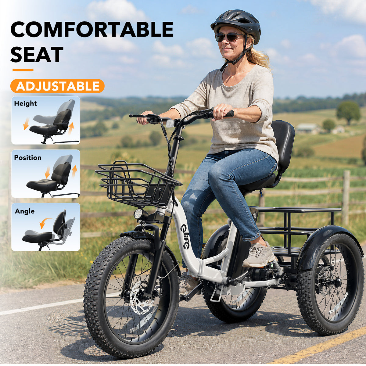 EB11  Qlife Triker Plus Electric Bike, 500W Brushless Motor Electric Tricycle for Adults, 48V 13Ah, Max 20MPH Up to 65 Miles，20x4.0 Fat Tire E-Bike