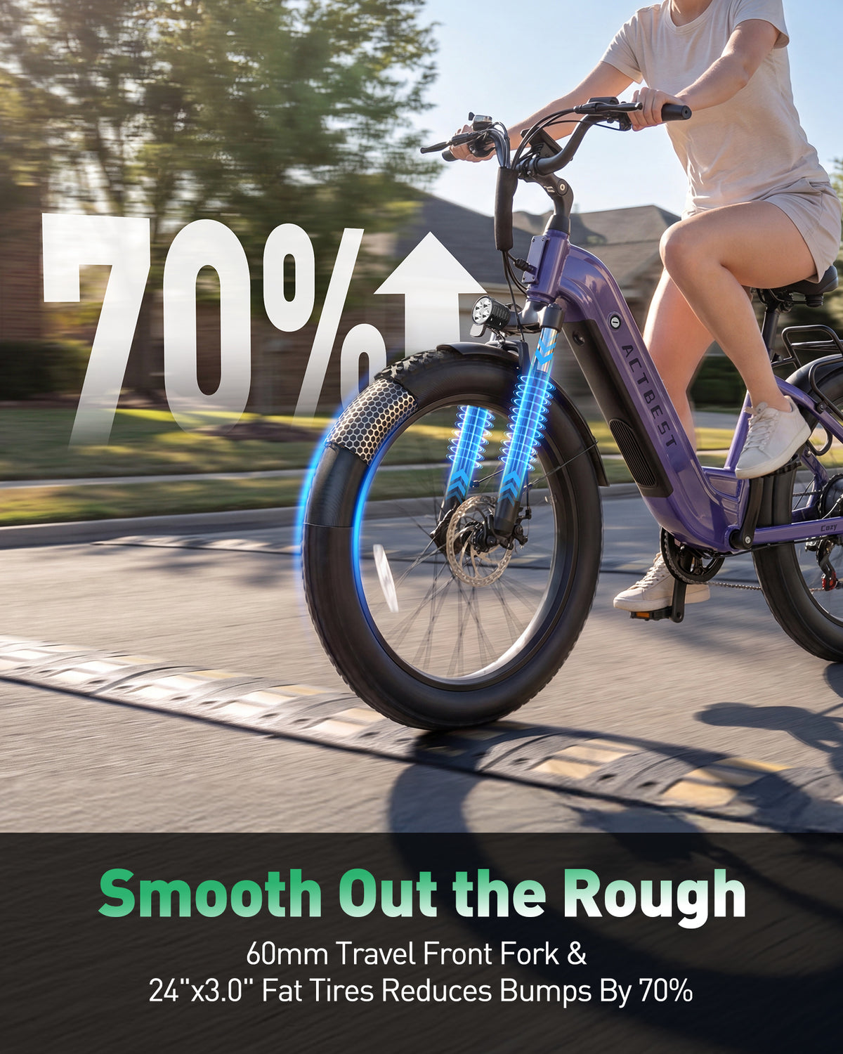 AA AT21 Actbest Cozy Electric Bike for Adults, 750W Motor 48V 15.6AH Removable Battery,7 Speed,Front Suspension, Wide Saddle, 24"x3.0" Fat Tire E-Mountain Bicycle, APP Control