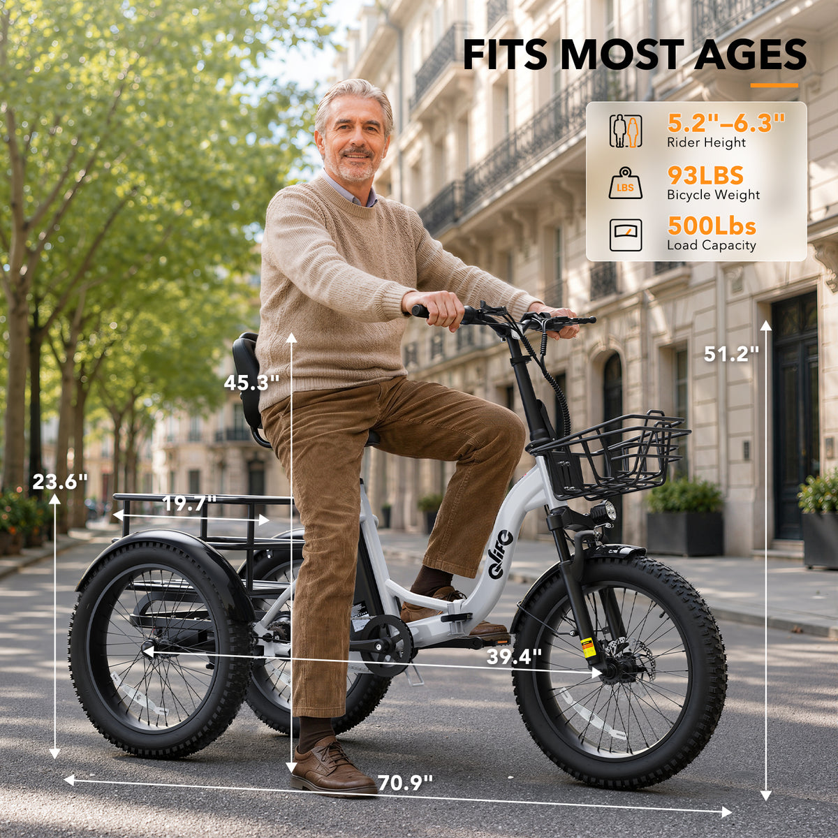 EB11  Qlife Triker Plus Electric Bike, 500W Brushless Motor Electric Tricycle for Adults, 48V 13Ah, Max 20MPH Up to 65 Miles，20x4.0 Fat Tire E-Bike