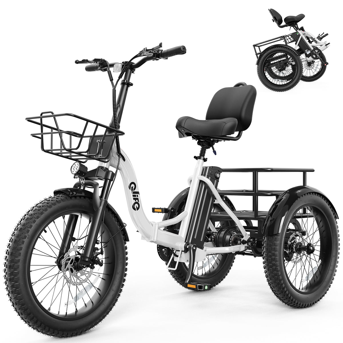 EB11  Qlife Triker Plus Electric Bike, 500W Brushless Motor Electric Tricycle for Adults, 48V 13Ah, Max 20MPH Up to 65 Miles，20x4.0 Fat Tire E-Bike