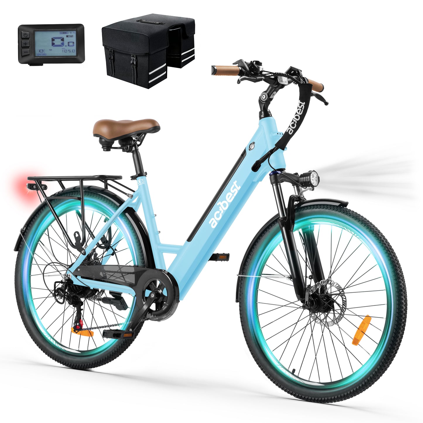 Actbest Electric Bike for Adults, 26" Step-Through Electric Bicycle with 36V 13Ah Removable Battery, 750W Peak Motor Electric Cruiser Bike with 22MPH, 7 Gears & Front Suspension (Blue)
