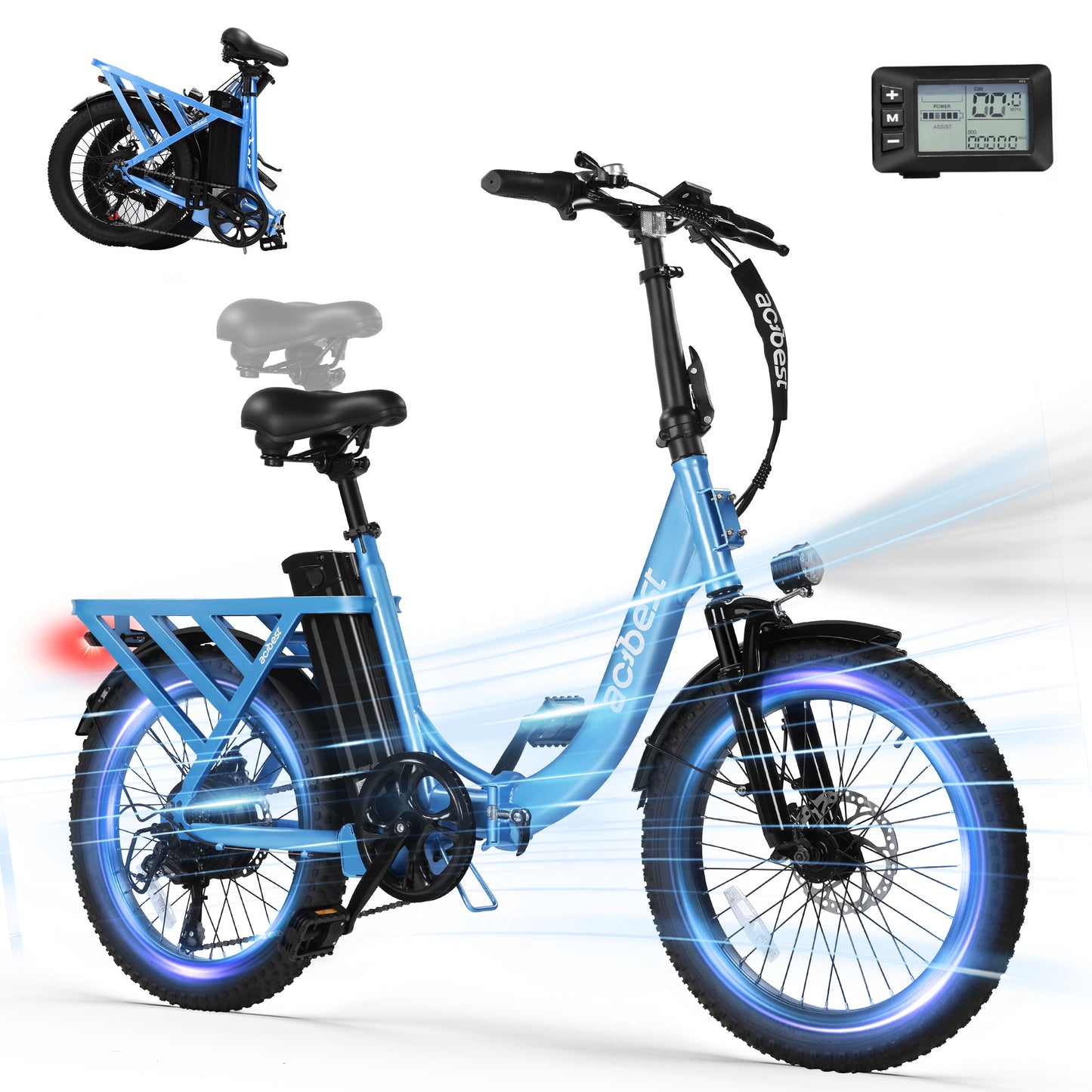 Actbest Folding Electric Bike for Adults, 20'' Fat Tire Ebike with Peak 1200W Motor, 7 Speed 28MPH Electric Bicycles, Adjustable Bike Stem, Black