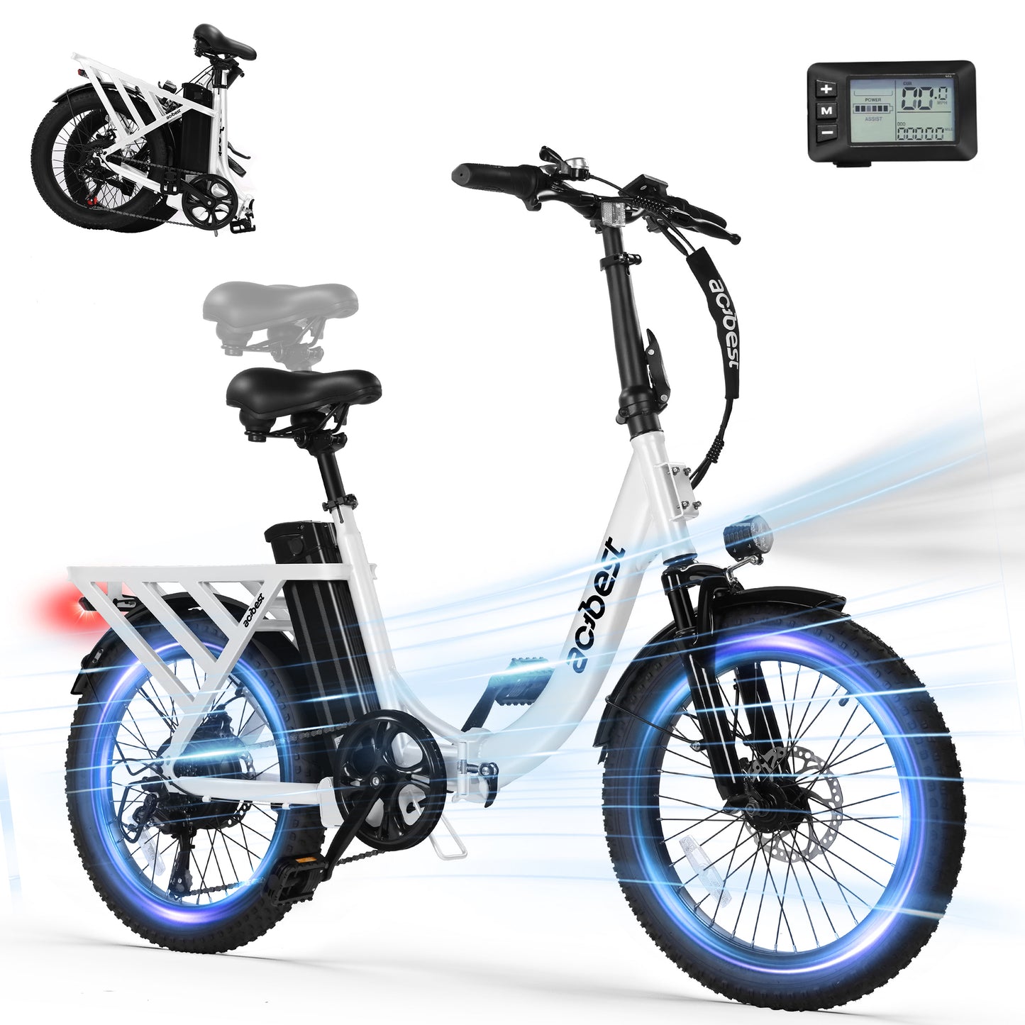 Actbest Folding Electric Bike for Adults, 20'' Fat Tire Ebike with Peak 1200W Motor, 7 Speed 28MPH Electric Bicycles, Adjustable Bike Stem, Black