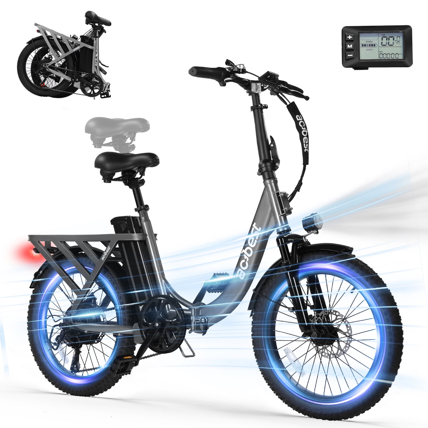 Actbest Folding Electric Bike for Adults, 20'' Fat Tire Ebike with Peak 1200W Motor, 7 Speed 28MPH Electric Bicycles, Adjustable Bike Stem, Black