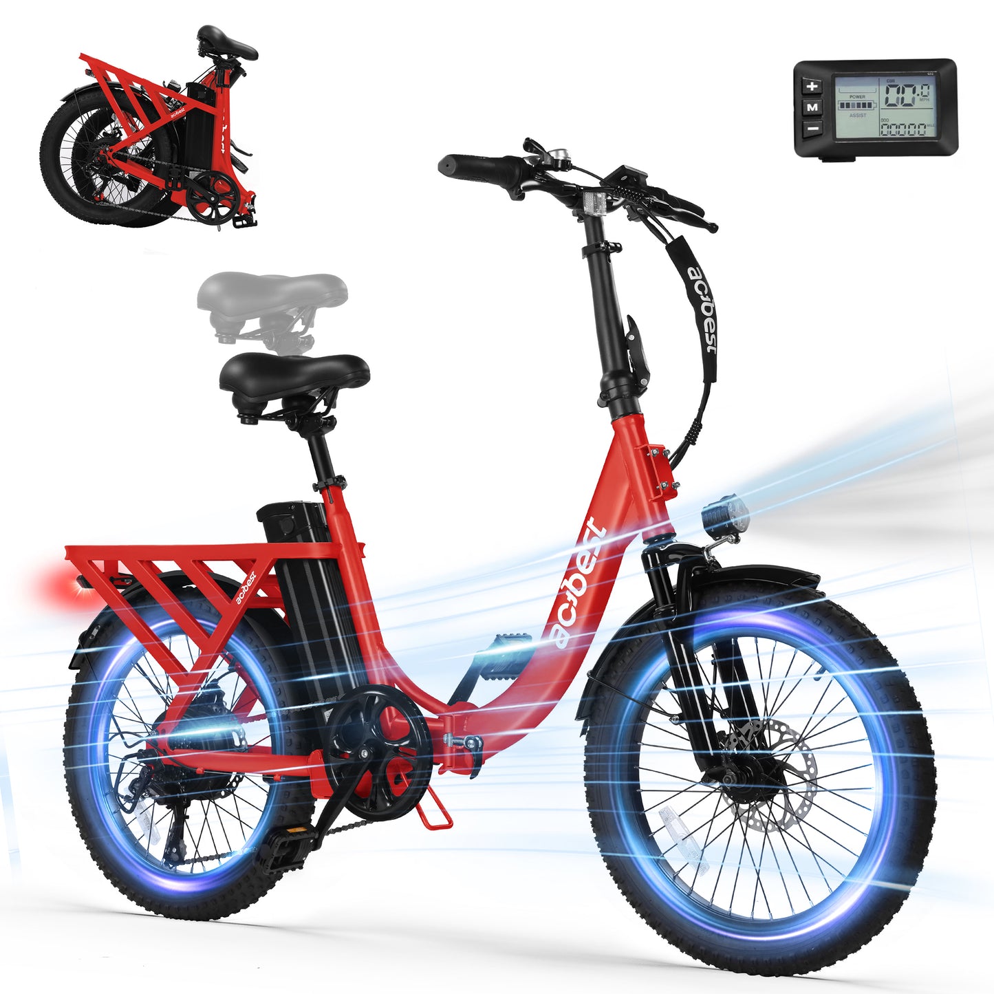 Actbest Folding Electric Bike for Adults, 20'' Fat Tire Ebike with Peak 1200W Motor, 7 Speed 28MPH Electric Bicycles, Adjustable Bike Stem, Black