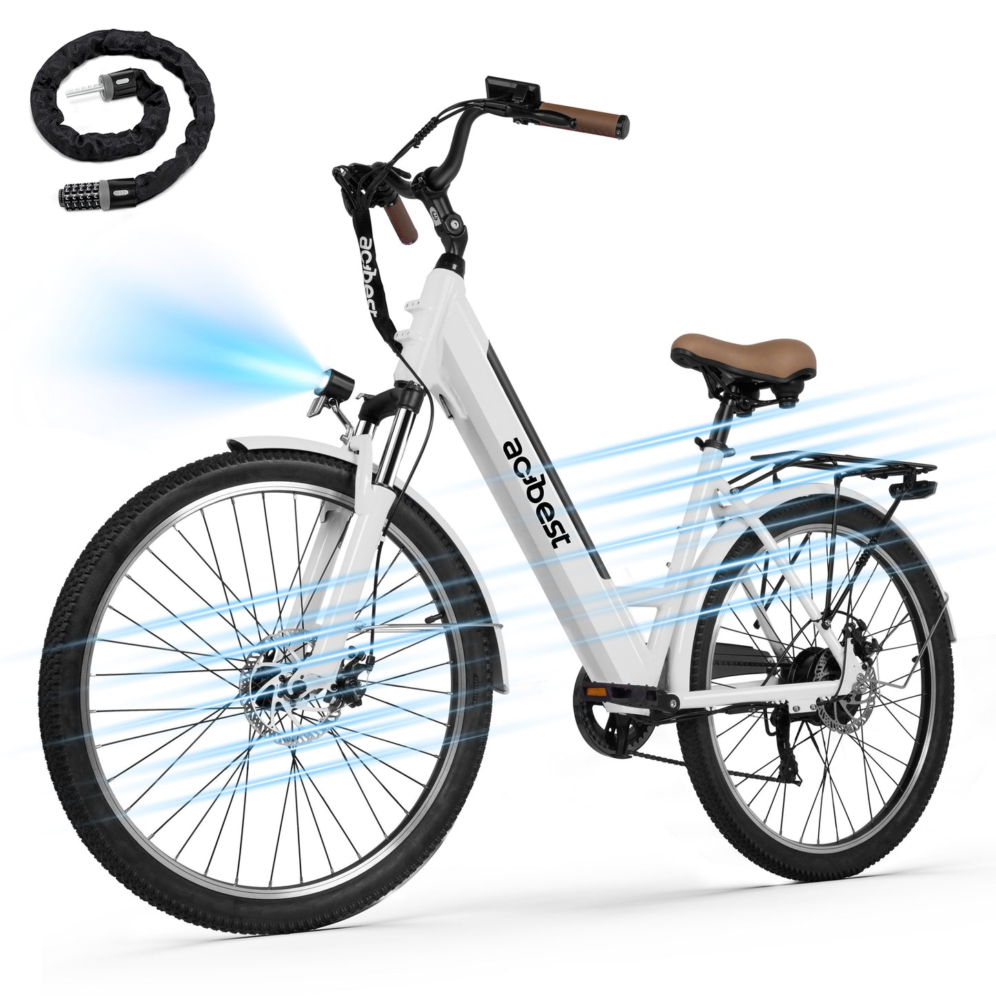 Actbest Core-Swept Step Thru Electric Bike for Adults, 26" Electric Bicycle with Peak 749W Brushless Motor, 36V/13Ah Built-in Battery, 7 Speed Front Shock Ebike (Blue) with Lock