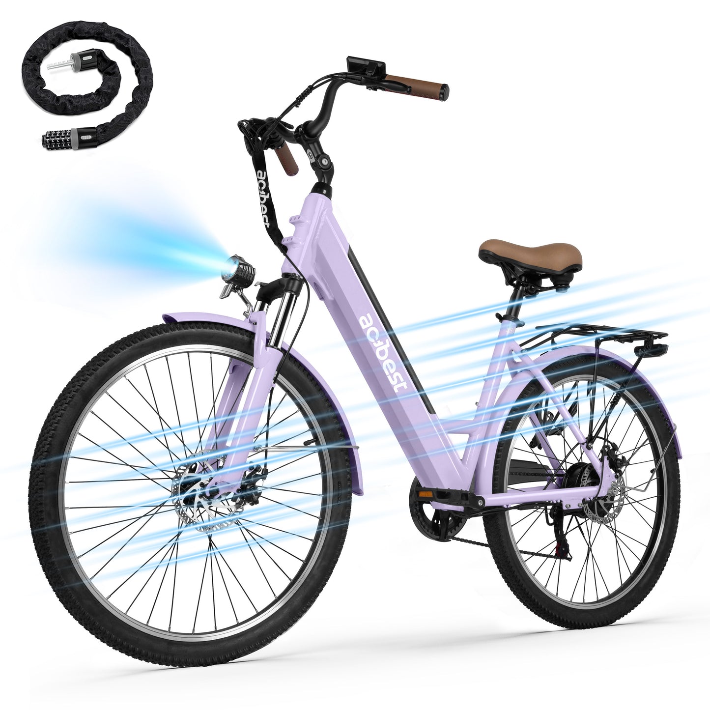 Actbest Core-Swept Step Thru Electric Bike for Adults, 26" Electric Bicycle with Peak 749W Brushless Motor, 36V/13Ah Built-in Battery, 7 Speed Front Shock Ebike (Blue) with Lock