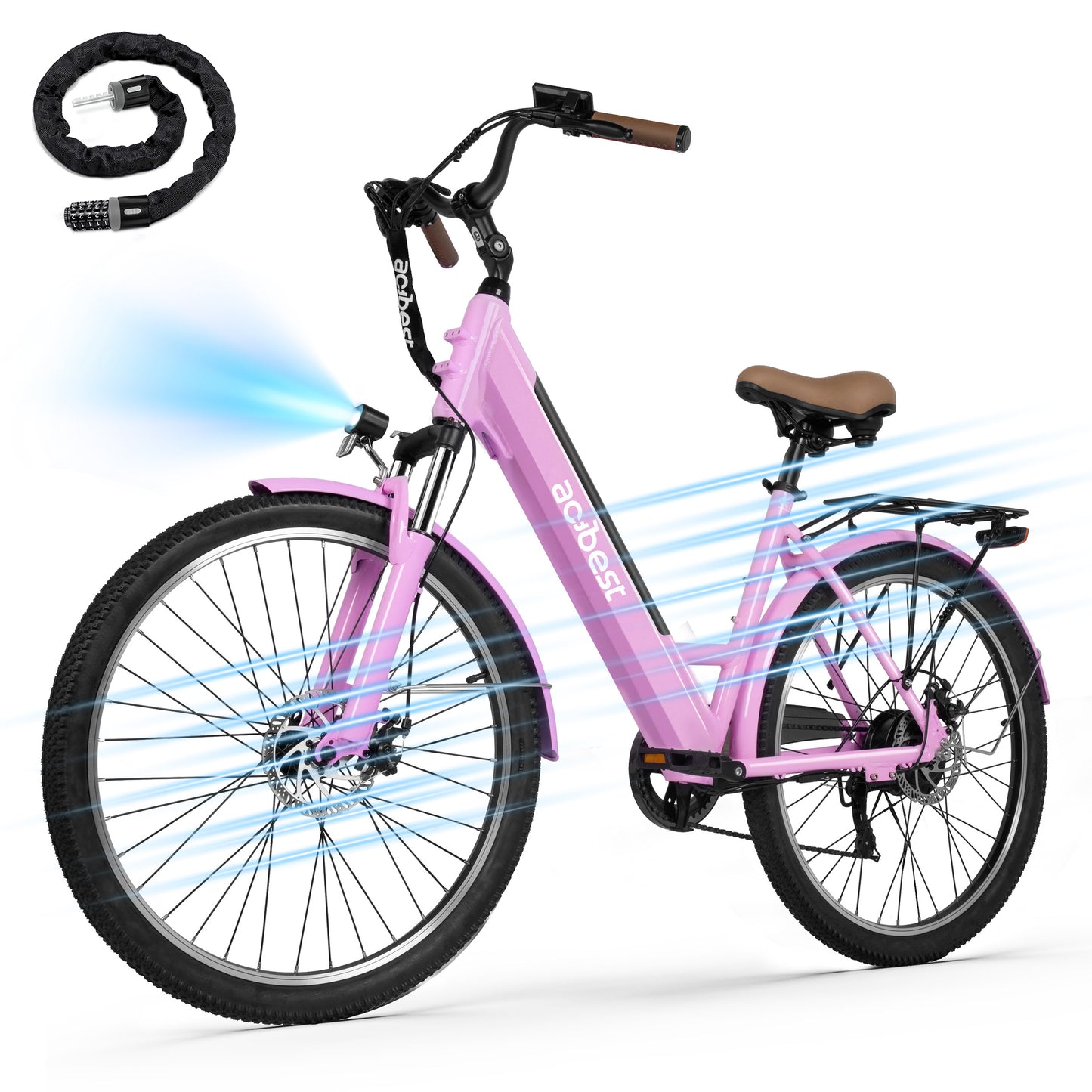 Actbest Core-Swept Step Thru Electric Bike for Adults, 26" Electric Bicycle with Peak 749W Brushless Motor, 36V/13Ah Built-in Battery, 7 Speed Front Shock Ebike (Blue) with Lock