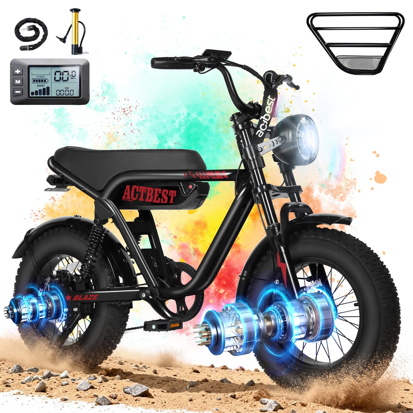 Actbest Blaze Electric Bike for Adults/Teens, 16" Fat Tire Ebike Peak 1200W 55 Miles 25Mph Full Suspension Electric Motorcycle, Black & Gray