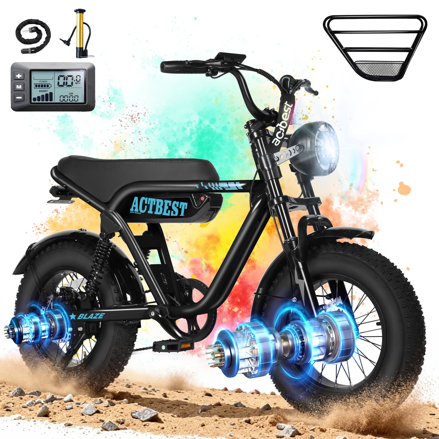 Actbest Blaze Electric Bike for Adults/Teens, 16" Fat Tire Ebike Peak 1200W 55 Miles 25Mph Full Suspension Electric Motorcycle, Black & Gray