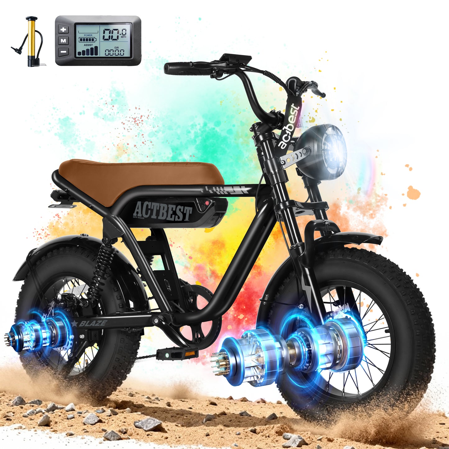 Actbest Blaze Electric Bike for Adults/Teens, 16" Fat Tire Ebike Peak 1200W 55 Miles 25Mph Full Suspension Electric Motorcycle, Black & Gray