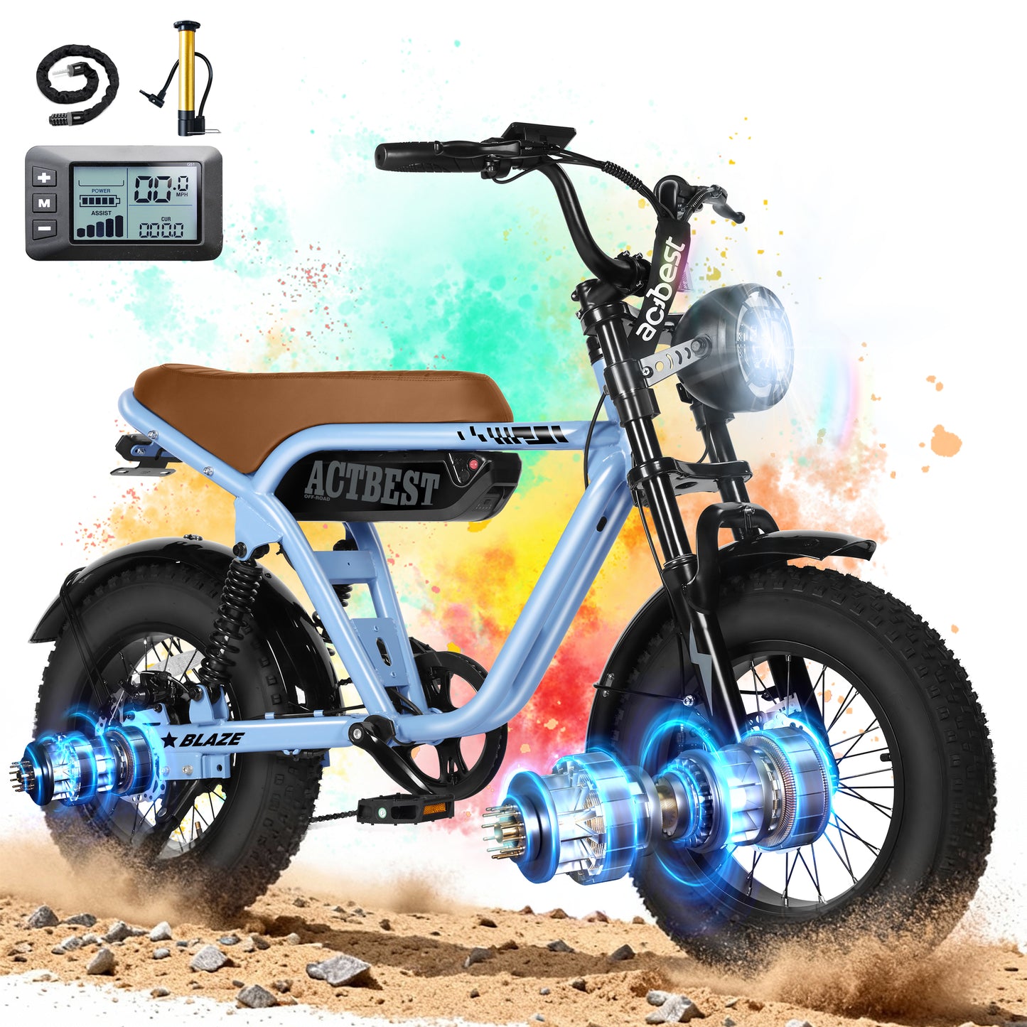 Actbest Blaze Electric Bike for Adults/Teens, 16" Fat Tire Ebike Peak 1200W 55 Miles 25Mph Full Suspension Electric Motorcycle, Black & Gray