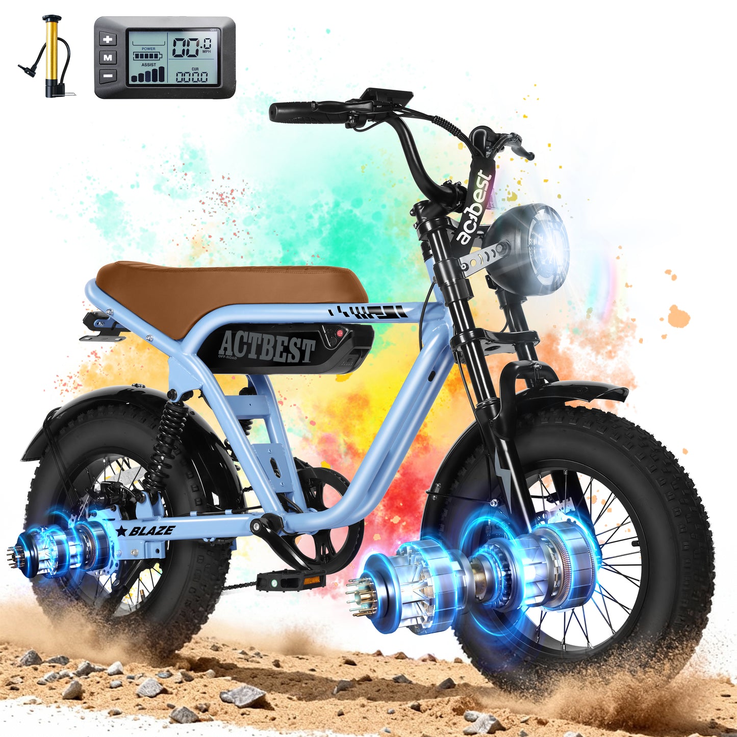 Actbest Blaze Electric Bike for Adults/Teens, 16" Fat Tire Ebike Peak 1200W 55 Miles 25Mph Full Suspension Electric Motorcycle, Black & Gray