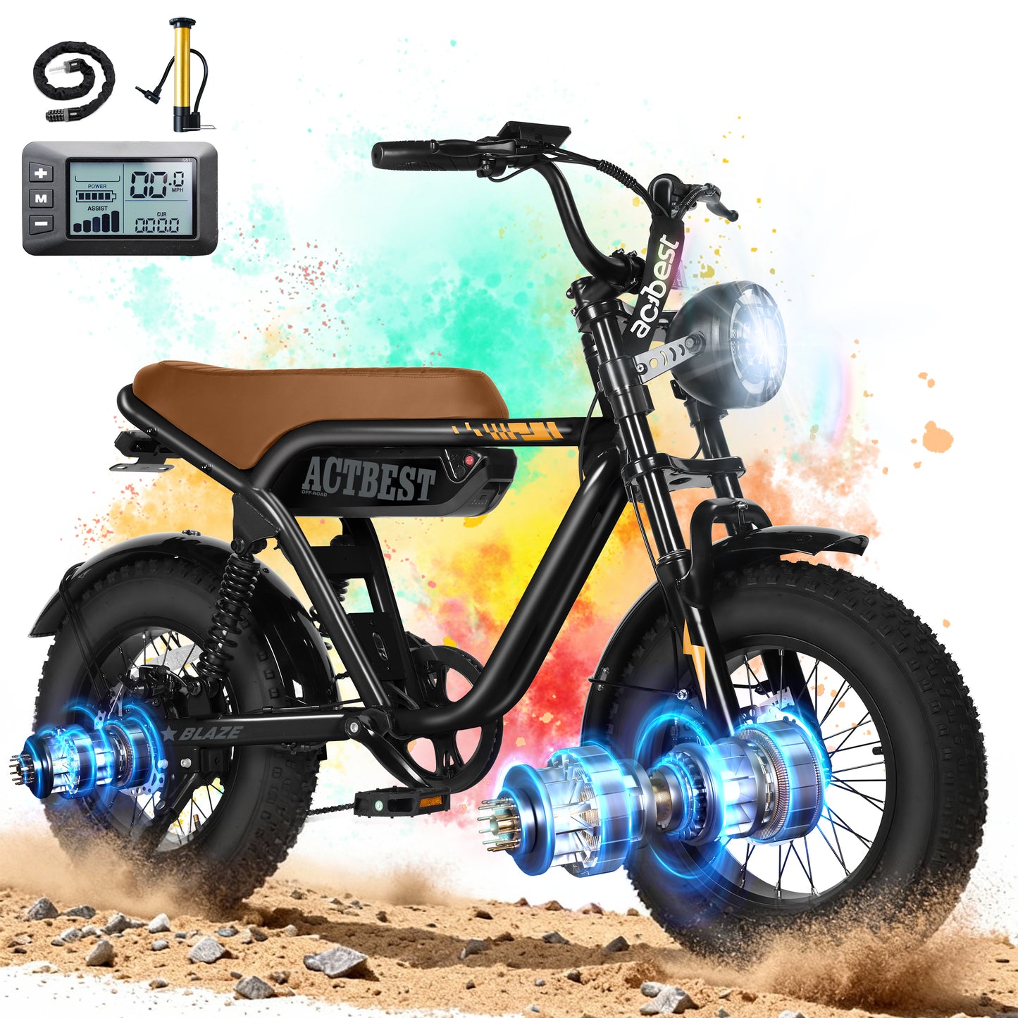 Actbest Blaze Electric Bike for Adults/Teens, 16" Fat Tire Ebike Peak 1200W 55 Miles 25Mph Full Suspension Electric Motorcycle, Black & Gray