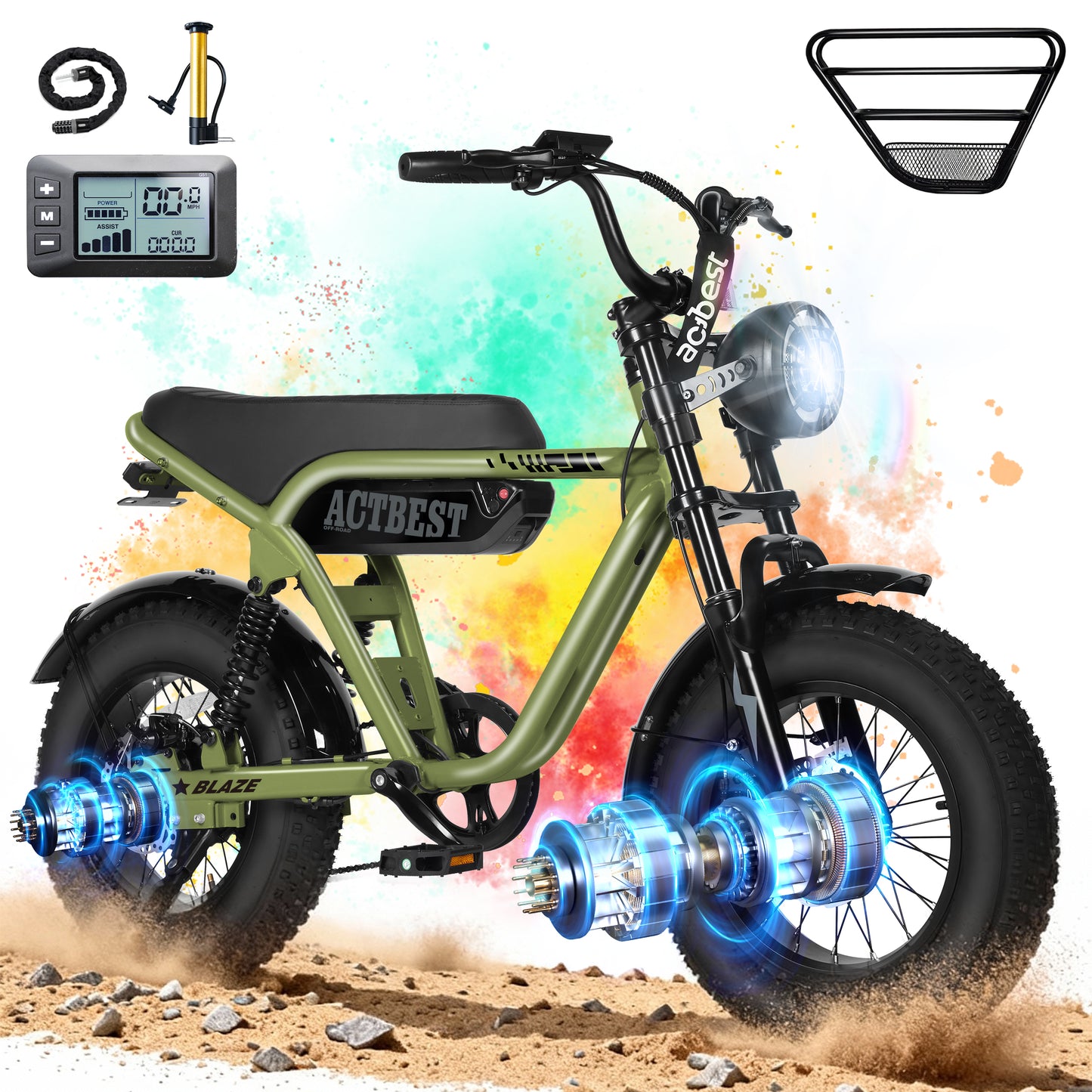 Actbest Blaze Electric Bike for Adults/Teens, 16" Fat Tire Ebike Peak 1200W 55 Miles 25Mph Full Suspension Electric Motorcycle, Black & Gray