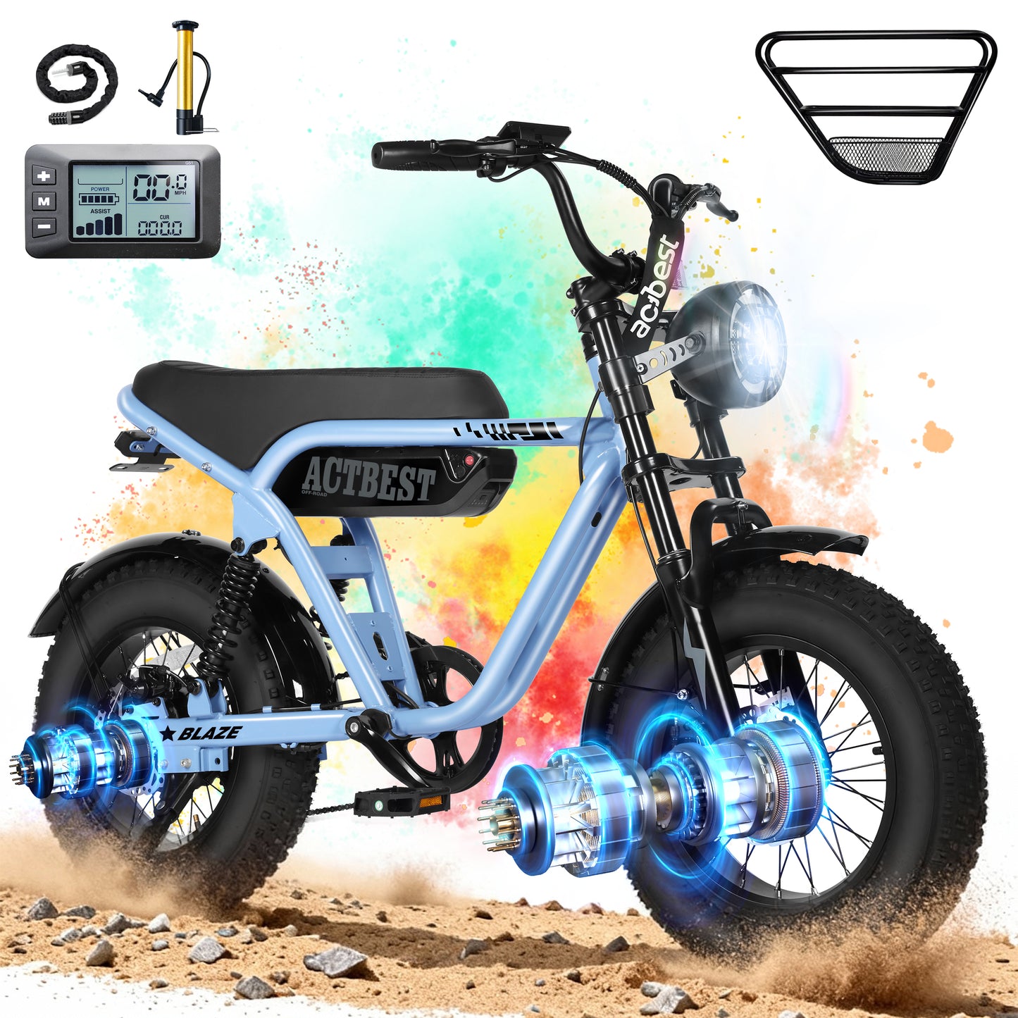 Actbest Blaze Electric Bike for Adults/Teens, 16" Fat Tire Ebike Peak 1200W 55 Miles 25Mph Full Suspension Electric Motorcycle, Black & Gray