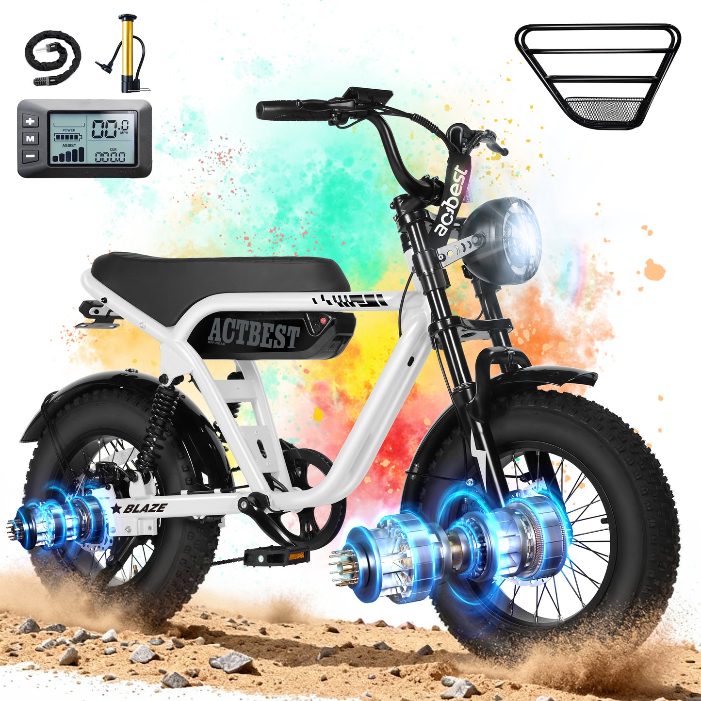 Actbest Blaze Electric Bike for Adults/Teens, 16" Fat Tire Ebike Peak 1200W 55 Miles 25Mph Full Suspension Electric Motorcycle, Black & Gray