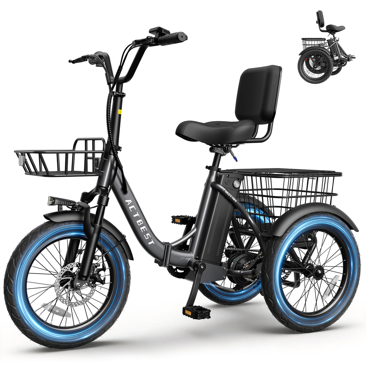 AA AT57 ACTBEST Electric Tricycle for Adults, 18"x3.0" Fat Tire 3-Wheel Electric Bike, 500W Motor 48V 10.4Ah Battery, Folding E-Trike Up to 18Mph