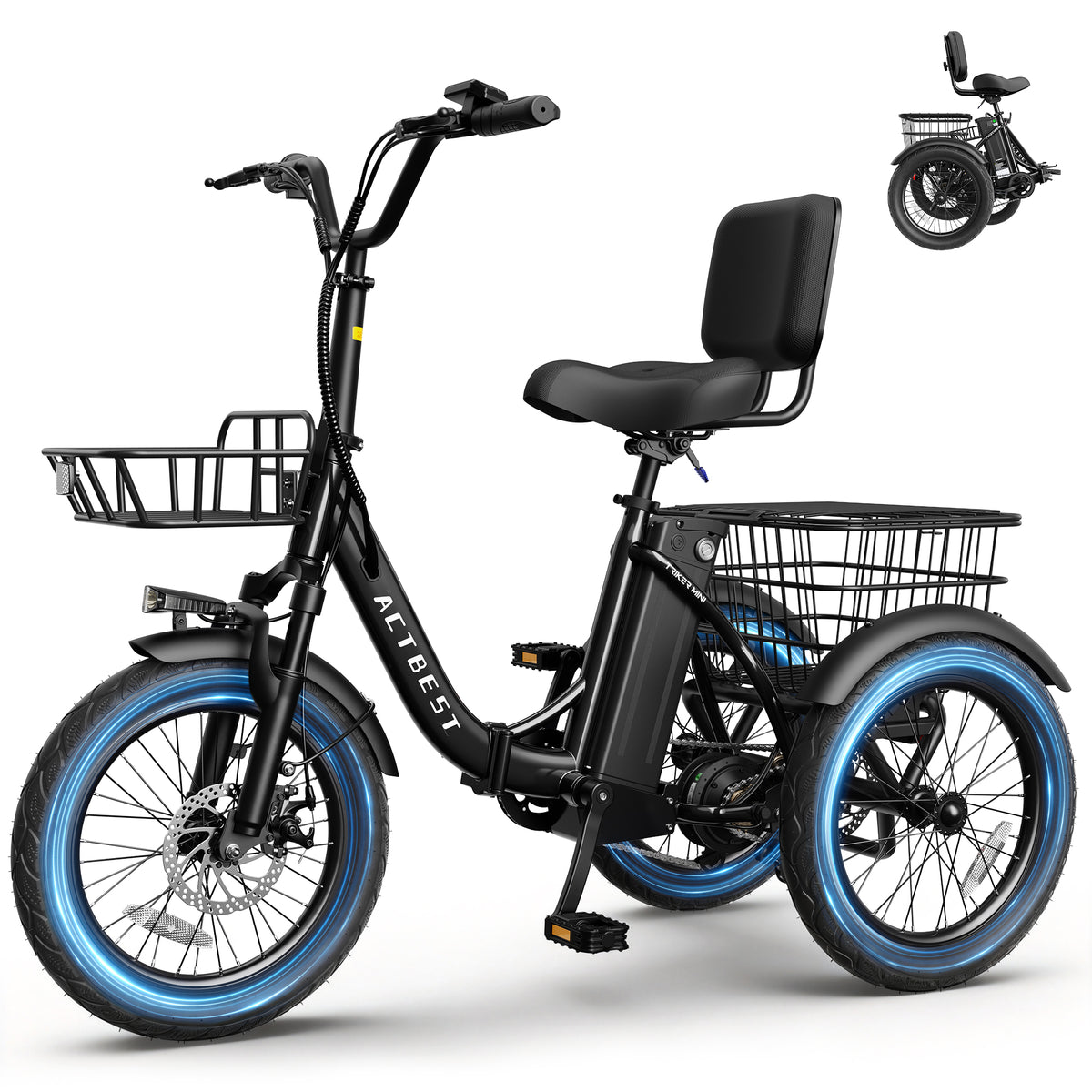 AA AT57 ACTBEST Electric Tricycle for Adults, 18"x3.0" Fat Tire 3-Wheel Electric Bike, 500W Motor 48V 10.4Ah Battery, Folding E-Trike Up to 18Mph
