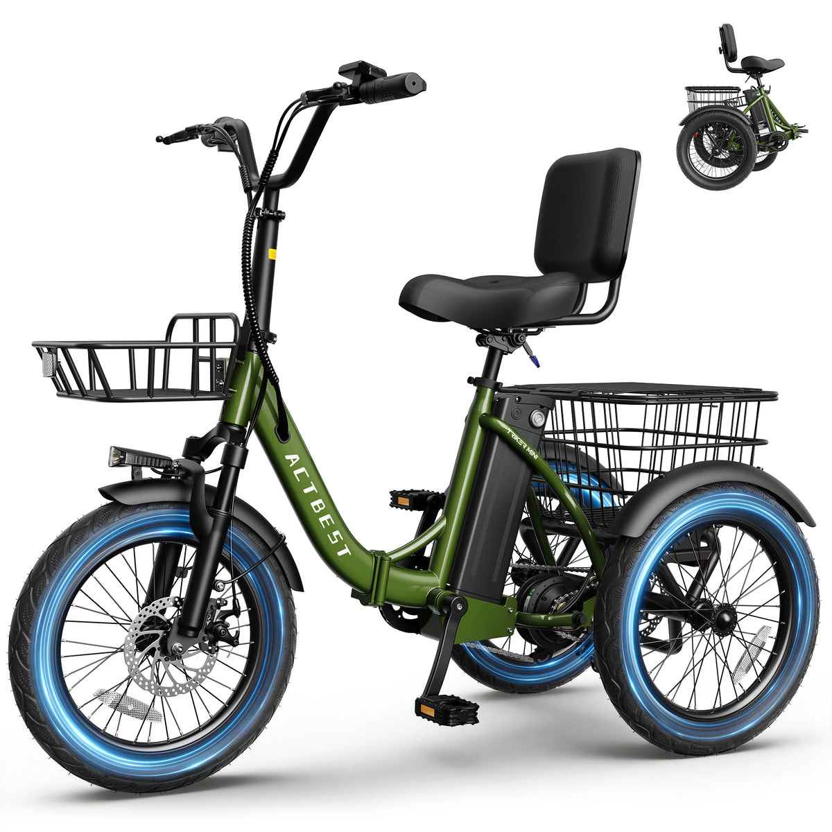 AA AT57 ACTBEST Electric Tricycle for Adults, 18"x3.0" Fat Tire 3-Wheel Electric Bike, 500W Motor 48V 10.4Ah Battery, Folding E-Trike Up to 18Mph