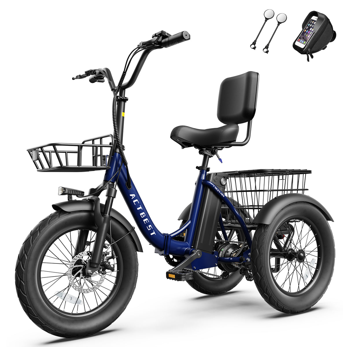 AA AT57 ACTBEST Electric Tricycle for Adults, 18"x3.0" Fat Tire 3-Wheel Electric Bike, 500W Motor 48V 10.4Ah Battery, Folding E-Trike Up to 18Mph