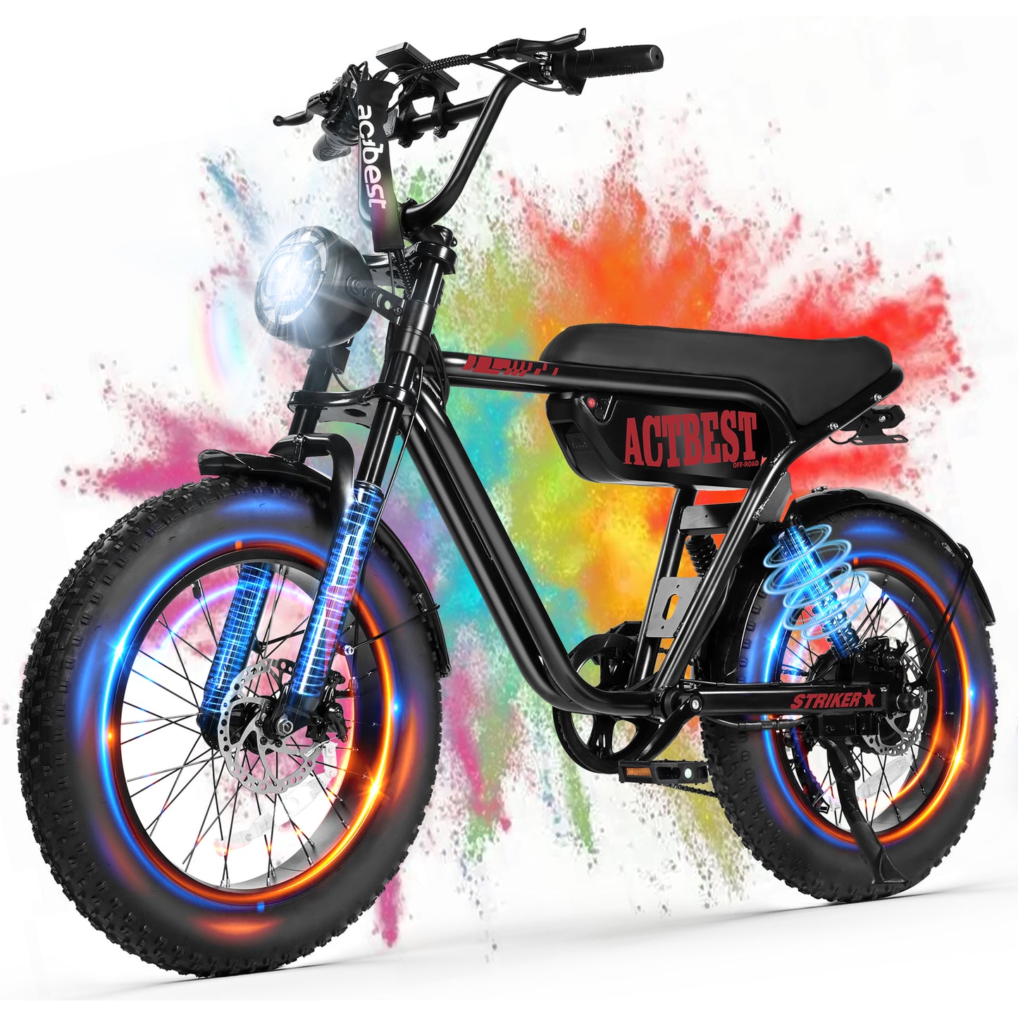 Actbest Electric Bike for Adults, 20" Fat Tire Off-Road Bike, Peak 1500W Motor Full Suspension Mountain Electric Dirt Bike, Top 28 MPH All-Terrain Electric Motorcycle Black & Blue with Lock & Basket