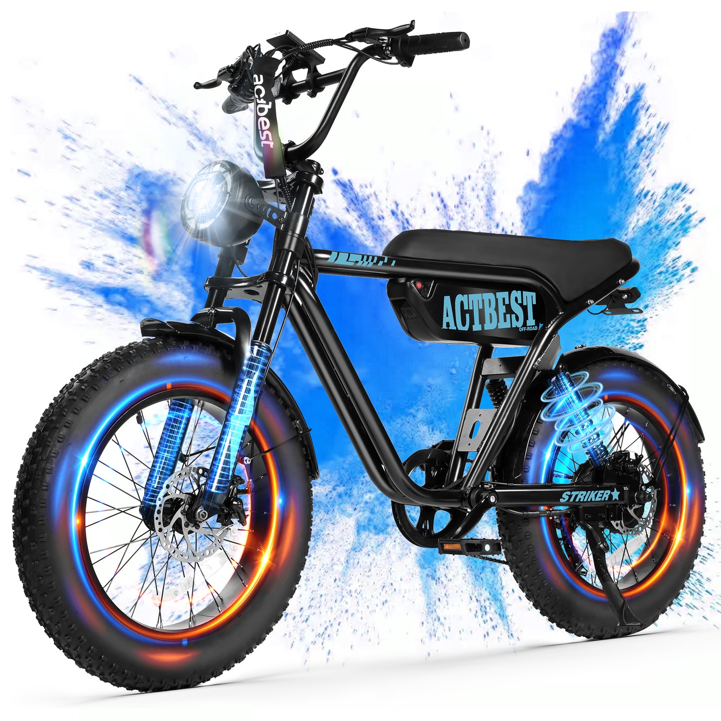 Actbest Electric Bike for Adults, 20" Fat Tire Off-Road Bike, Peak 1500W Motor Full Suspension Mountain Electric Dirt Bike, Top 28 MPH All-Terrain Electric Motorcycle Black & Blue with Lock & Basket