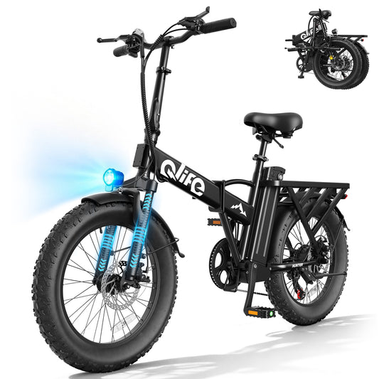 EB27 Qlife Hunter 20" Foldable Electric Bike Fat Tire for Adults, 48V 13.5Ah 500W, 28MPH 65Mi Max Range E Bike, 5-Speed Riding, Folding Electric Bicycle