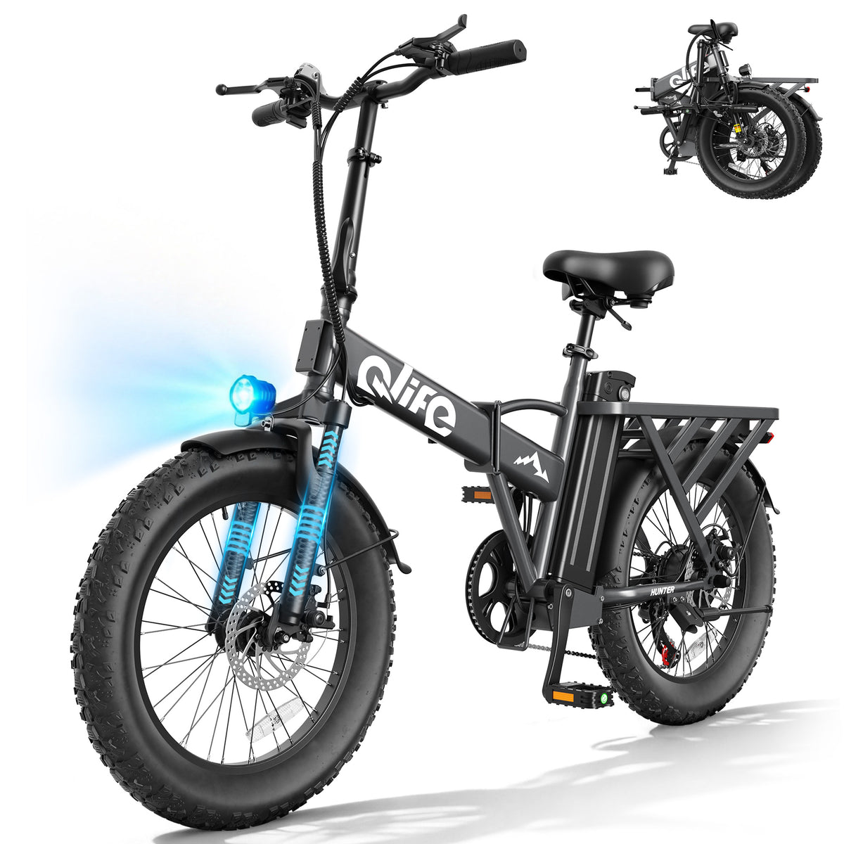EB27 Qlife Hunter 20" Foldable Electric Bike Fat Tire for Adults, 48V 13.5Ah 500W, 28MPH 65Mi Max Range E Bike, 5-Speed Riding, Folding Electric Bicycle