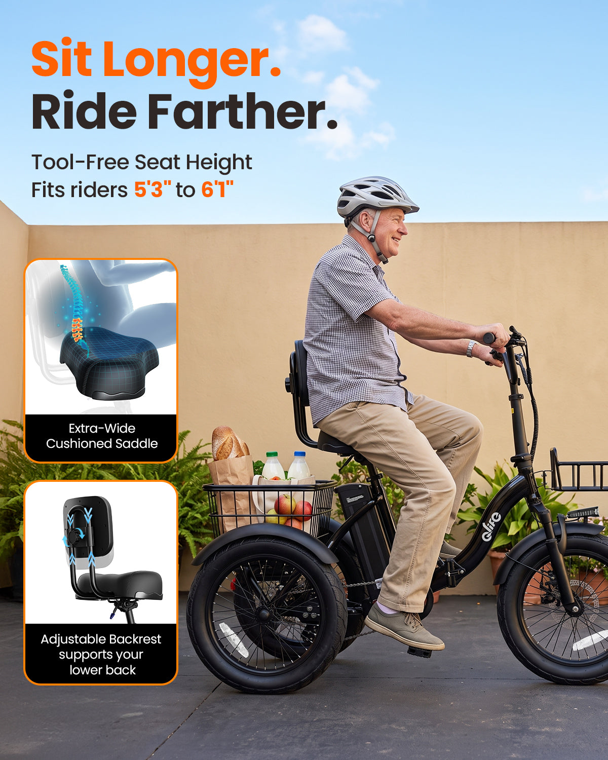 EB58P Qlife Electric Tricycle for Adults, 18" Folding Electric Trike, 350W Motor Peak 1200W 48V 10.4AH Step-Thru Etrike, 18MPH Up to 50 Miles 3-Wheel Electric Bike