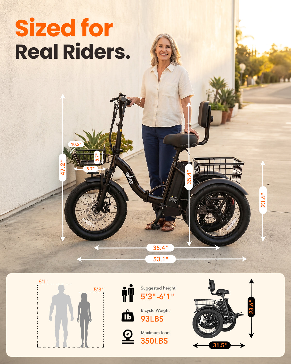 EB58P Qlife Electric Tricycle for Adults, 18" Folding Electric Trike, 350W Motor Peak 1200W 48V 10.4AH Step-Thru Etrike, 18MPH Up to 50 Miles 3-Wheel Electric Bike