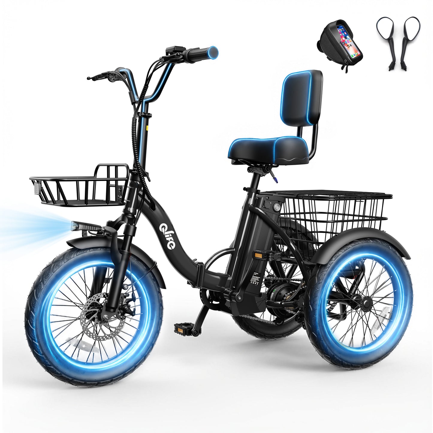 Hopepeak EB58Plus 3 Wheel Electric Tricycle for Adults, 18" x 3.0" Folding Electric Bike with 18MPH Max Speed, Peak 1200W Motor 48V 10.4Ah Battery, 3-Level Pedal Assist Etrike with Mirror and Phone Bag, White