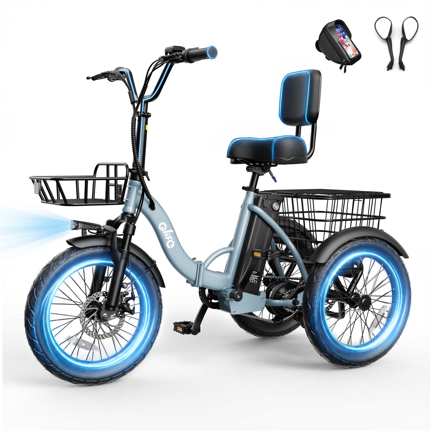 Hopepeak EB58Plus 3 Wheel Electric Tricycle for Adults, 18" x 3.0" Folding Electric Bike with 18MPH Max Speed, Peak 1200W Motor 48V 10.4Ah Battery, 3-Level Pedal Assist Etrike with Mirror and Phone Bag, White