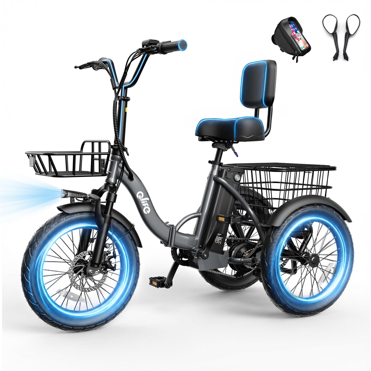 Hopepeak EB58Plus 3 Wheel Electric Tricycle for Adults, 18" x 3.0" Folding Electric Bike with 18MPH Max Speed, Peak 1200W Motor 48V 10.4Ah Battery, 3-Level Pedal Assist Etrike with Mirror and Phone Bag, White